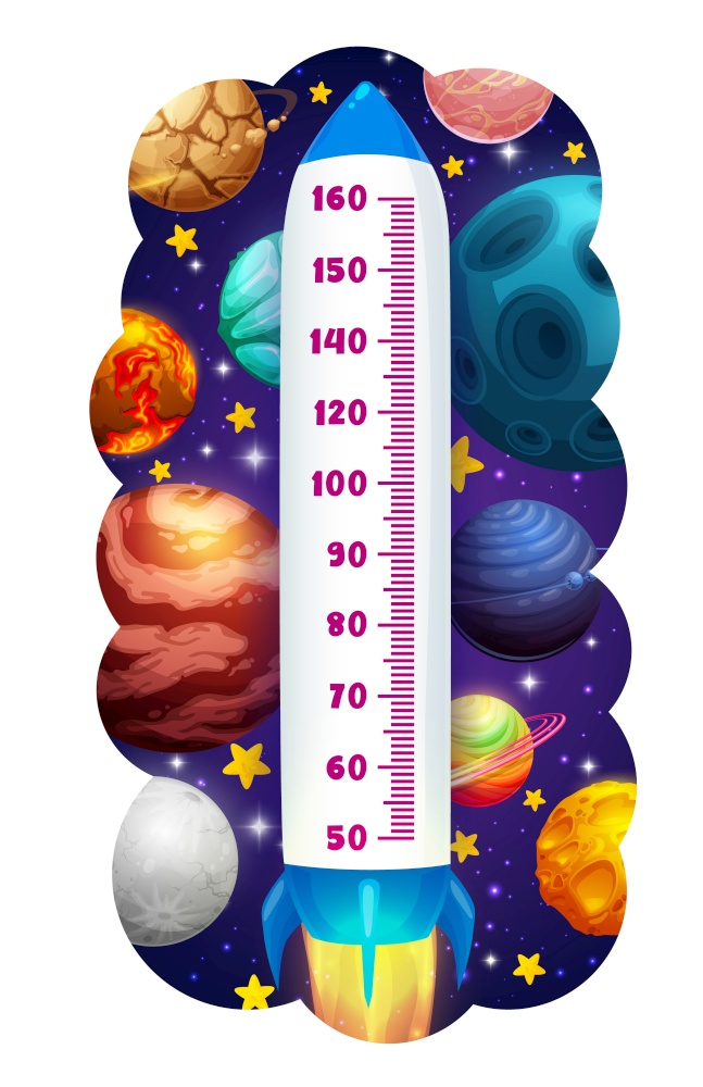 Kids height chart in space, rocket and planets growth measure. Cartoon vector meter shuttle with scale take off in outer cosmos. Wall sticker for children height measurement galaxy and shining stars. Kids height chart in space, rocket and planets