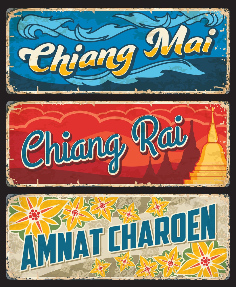 Chiang Mai, Chiang Rai and Amnat Charoen Thailand province vector plates with Buddhist temple stupa or chedi and lotus flowers. Thai travel grunge tin plates, old metal banners and vintage stickers. Chiang Mai, Chiang Rai and Amnat Charoen plates