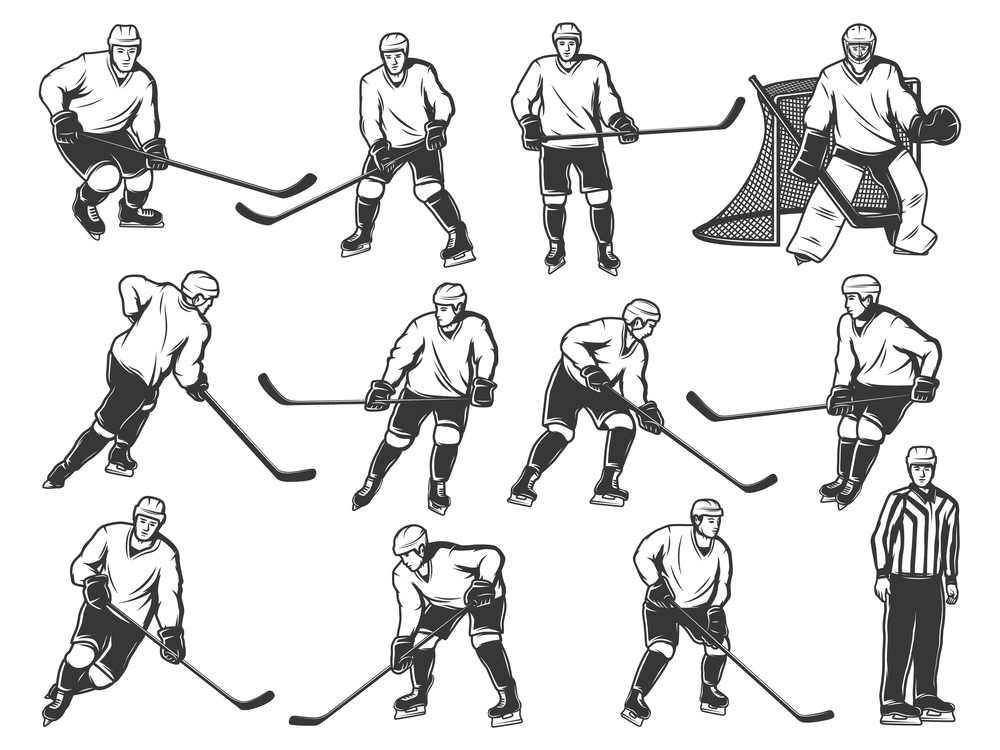 Ice hockey players vector set of isolated sport team players and referee on rink with sticks, pucks, skates and goal gate. Goaltender, forwards and defensemen wearing uniform, helmets and gloves. Ice hockey players, sport team and referee on rink