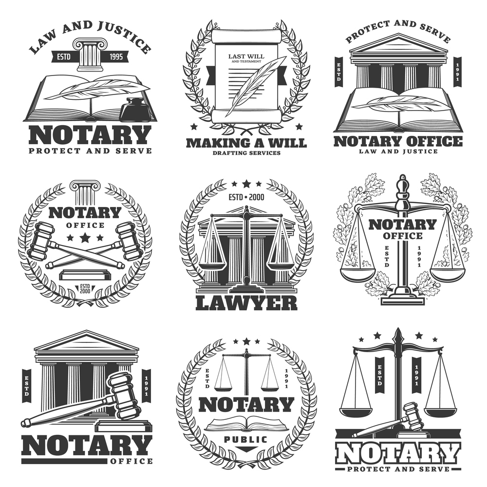Notary office, lawyer and law firm icons, monochrome vector emblems. Law book, quill feather and laurel wreath, scales of justice symbol, court judge gavel and last will parchment scroll or document. Notary firm, law and justice office vector icons