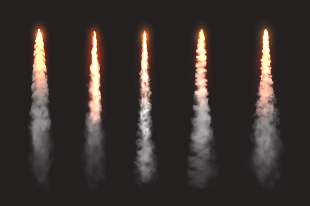 Rocket fire smoke trails, spacecraft startup launch clouds vector design elements. Space jet fire flames, airplane or shuttle straight contrails in sky, realistic 3d set isolated on black background. Rocket fire smoke trails, spacecraft launch clouds