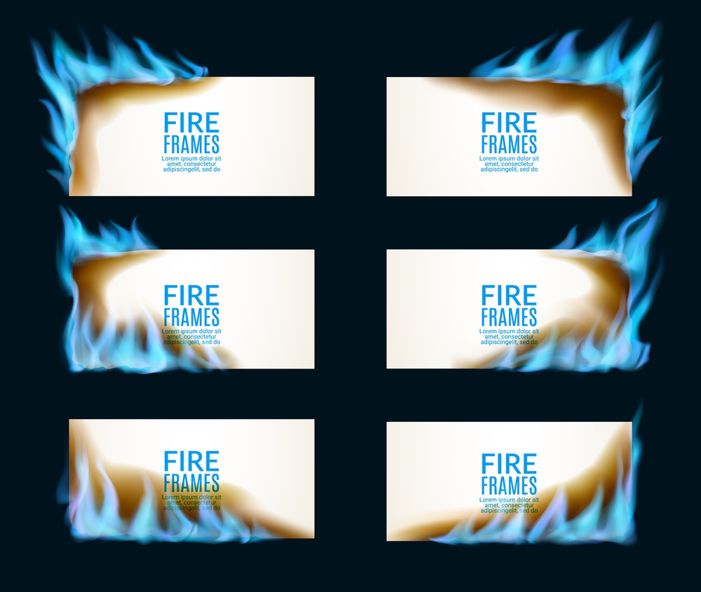 Burning paper banners with natural gas flames. Sale hot offer promotion, heating solution or forge ad banners with burning realistic vector magical, glowing blue light fire sides, flaming hot corners. burning paper banners with natural gas flames