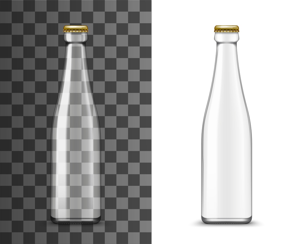 Glass bottle, realistic packaging vector mockup. Empty transparent flask container with metal cap or crown cork, isolated 3d package of liquid product, alcohol drink, water, beer or juice glassware. Glass bottle, realistic packaging vector mockup