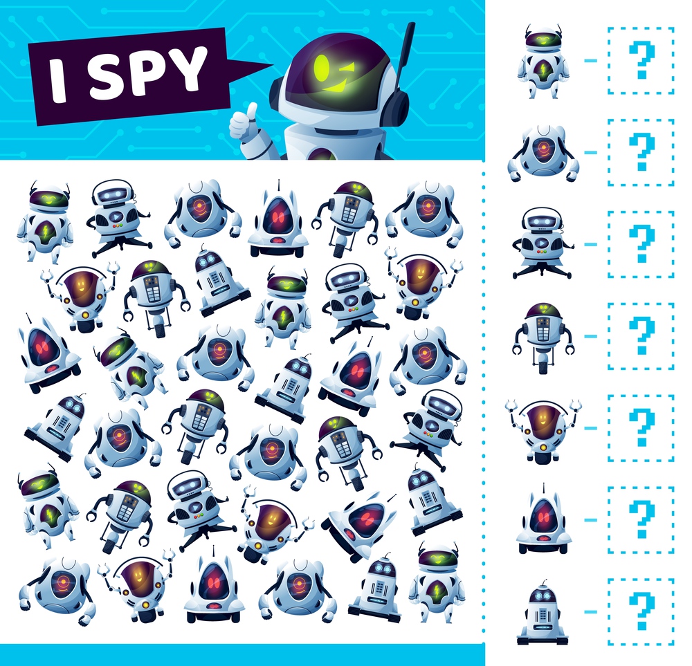 I spy game with robots and droids or bots, vector cartoon find and match board game. Kids tabletop puzzle or guess game riddle, I spy or find similar futuristic robots and android bots. I spy game, match robots and droid bots, cartoon