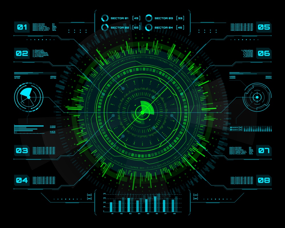 HUD futuristic infographics. Visual business data information, presentation, Ui interface with blue and green neon circle diagrams, vector info chart, panel. Virtual reality game interface or hologram. HUD futuristic business infographics, Ui interface