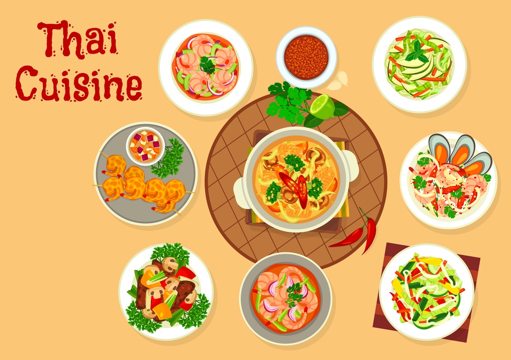 Thai cuisine food vector design of Asian seafood and vegetable salads, soups and meat stew. Panang curry paste, shrimp, lemongrass, soybean sprout and mussel salads, battered prawns, beef and mushroom. Thai cuisine food, Asian salads, soups and stew