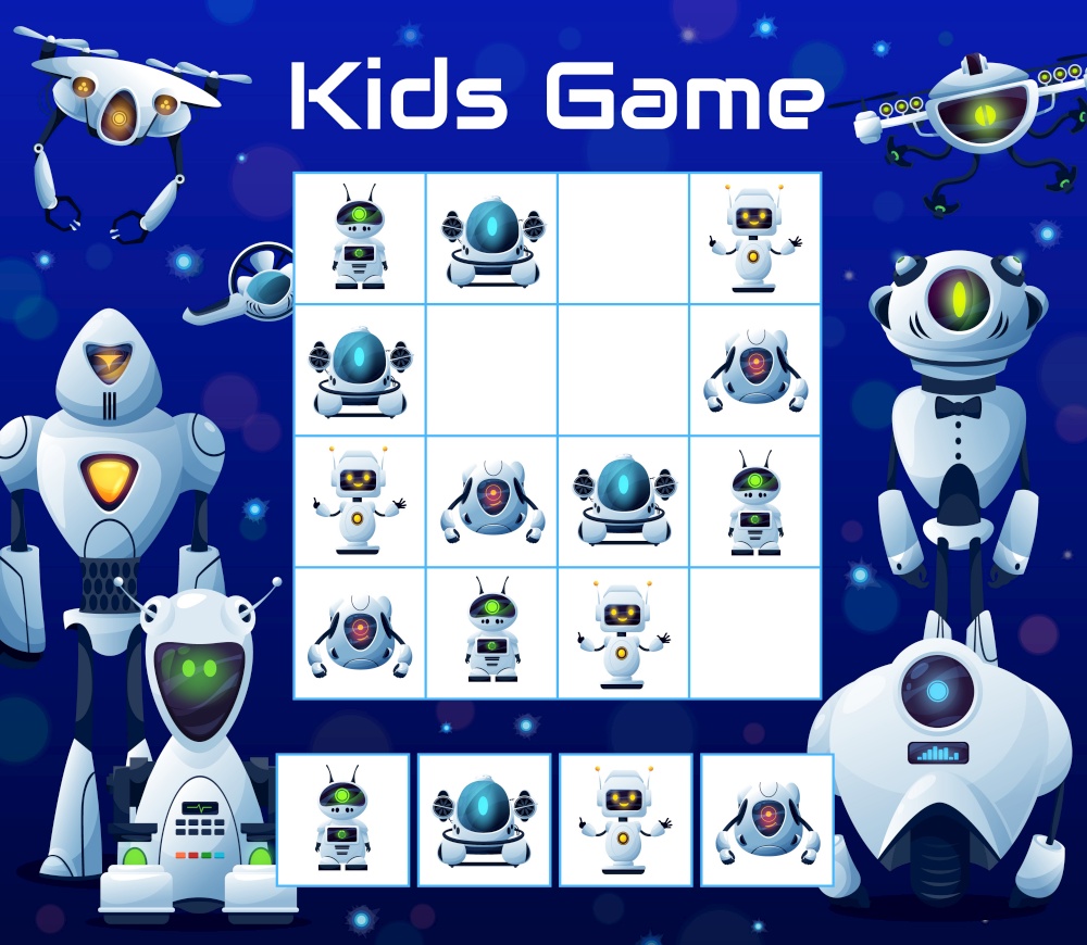 kids puzzle block game with robots, vector sudoku riddle with cartoon characters humanoid cyborgs, drones and androids on chequered board. Educational task, children teaser, boardgame for sparetime. kids puzzle block game with robots, vector sudoku