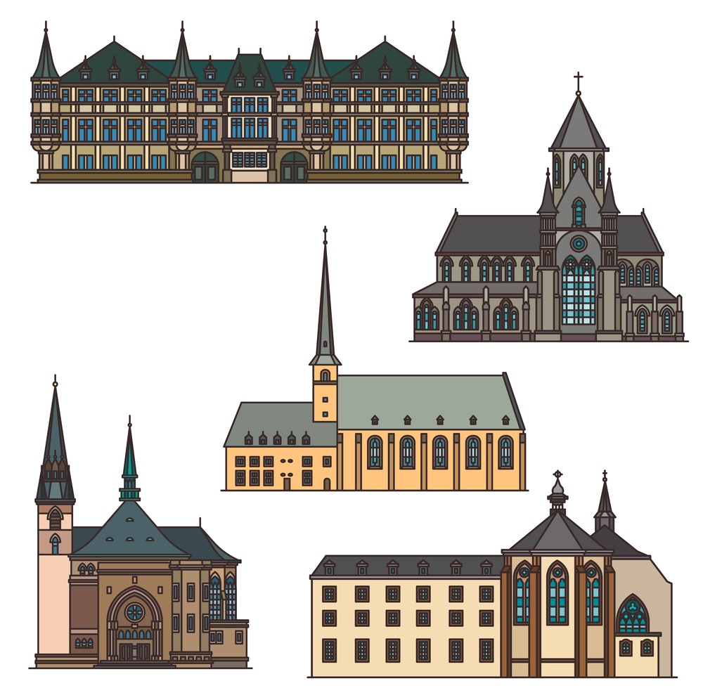 Luxembourg travel landmarks and architecture, vector city sightseeing buildings. Luxembourg Saint Trinity church in Vianden, Onze Lieve Vrouwe van Tamele, Grand Ducal Palace and Neumunster Abbey. Luxembourg travel landmarks, architecture building