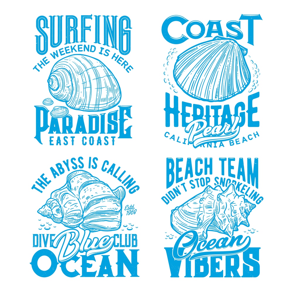 Ocean coast seashells retro t-shirt prints. Surfing, scuba diving and snorkeling club, summer vacation clothing, sketch vector print with calico scallop mollusc, South African turban and conch shell. Ocean molluscs seashells vintage t-shirt print