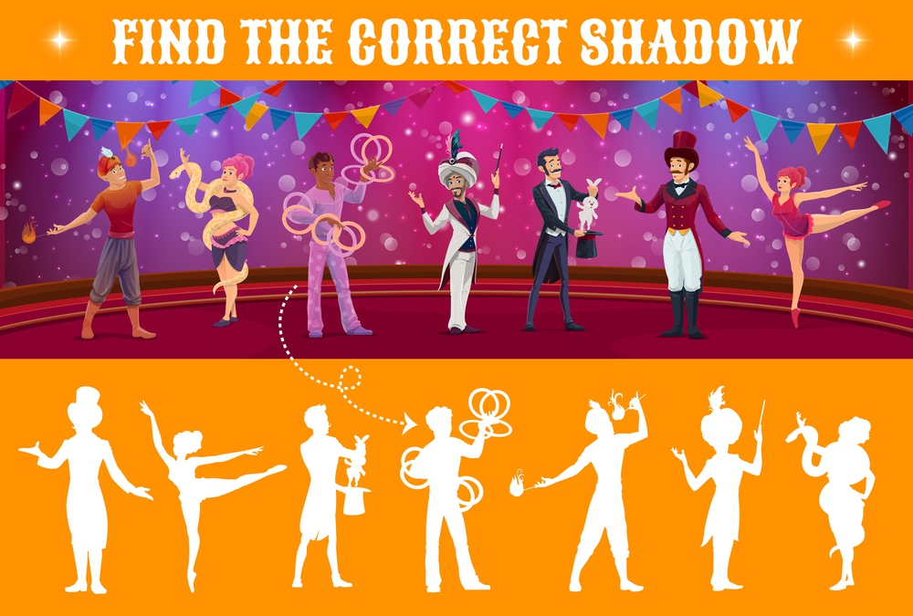Find shadow vector kids game with circus characters on shapito stage. Search and match mind game, puzzle and maze, children education worksheet with cartoon magician, acrobat, juggler and animal tamer. Find shadow vector kids game, circus characters