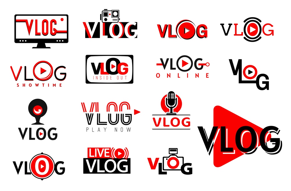 Vlog video icons, symbols of play and tv blog vector buttons. Vlog video channel and social media stream or live online vlogger tube broadcast, web camera and player signs. Vlog video icons, tv blog play button, live stream