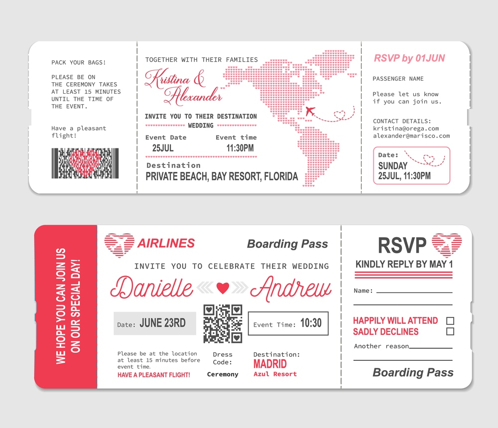 Boarding pass ticket, wedding invitation template to marriage RSVP, vector. Wedding ceremony gift of romantic travel flight ticket or boarding pass to honeymoon paradise. Boarding pass ticket, wedding invitation template