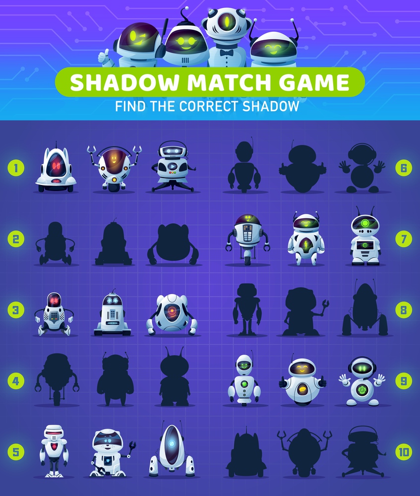 Shadow match kids game with cartoon robots and circuit board. Memory puzzle, educational riddle or maze, children worksheet vector template with modern artificial intelligence android bots. Shadow match kids game with cartoon robots