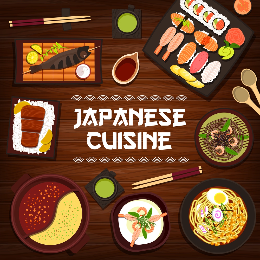 Japanese cuisine vector grilled fish skewers, nigiri and uramaki sushi, shrimp soba noodles or matcha tea. Noodle soup with egg, prawn cream soup and kobe beef steak with rice and hot pot Japan food. Japanese cuisine vector Japan food cartoon poster