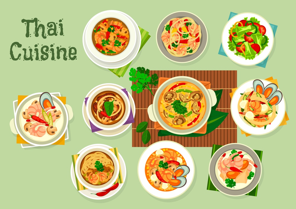 Thai cuisine seafood with vegetables, meat and noodle dishes. Vector soups and salads with shrimps, prawns, mussels and clams, squid and coconut milk, chilli peppers, mushrooms, oyster and fish sauce. Thai cuisine seafood with vegetables, meat, noodle