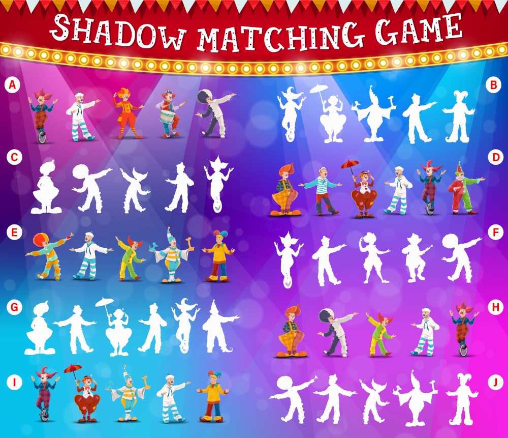 Circus clowns shadow matching vector game or puzzle. Kids education memory game, riddle, maze or attention test with task of find and match silhouettes of shapito carnival show clowns and jokers. Circus clowns shadow matching game or puzzle