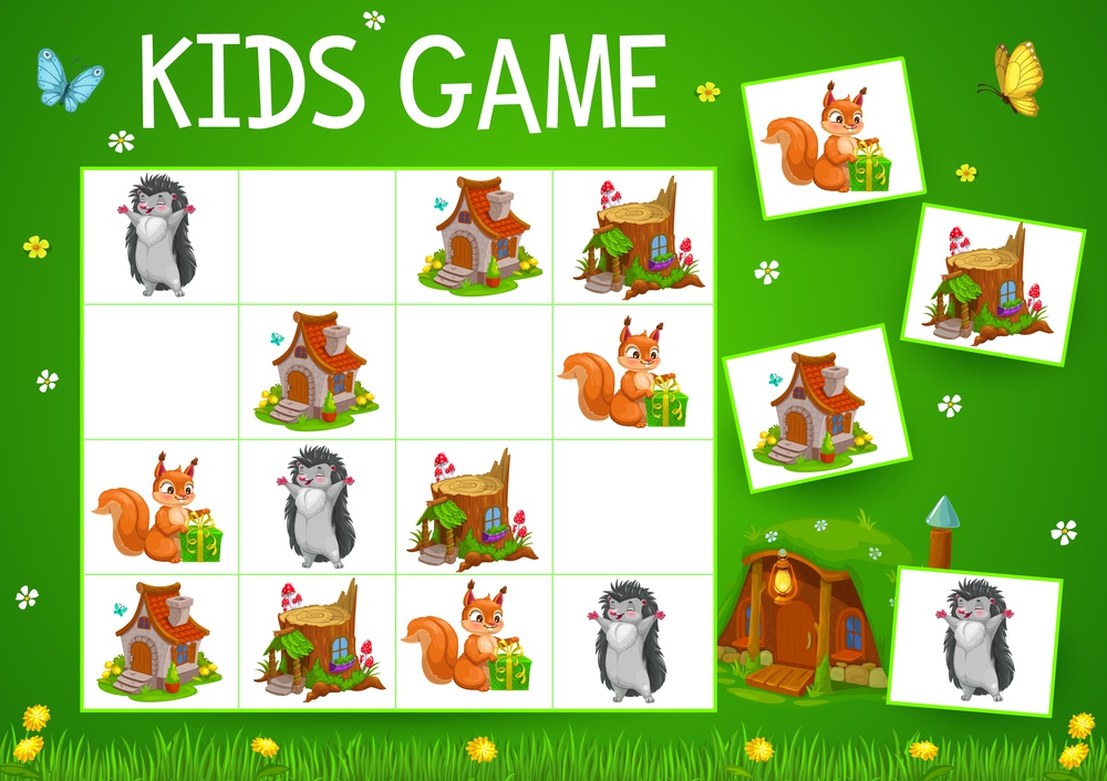 Sudoku game with cartoon fairytale houses and animals, vector kids education. Block puzzle, logic riddle or maze, memory game or test with fairy tree stump houses and homes, squirrels and hedgehogs. Sudoku game with cartoon fairytale houses, animals