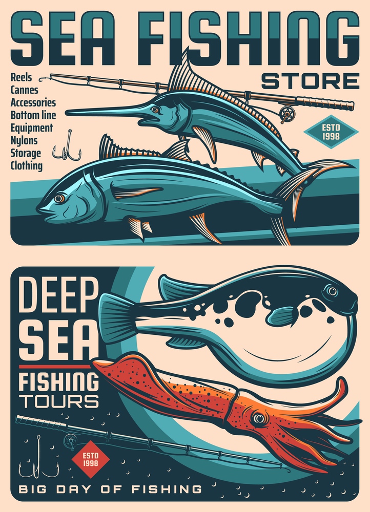 Sea fishing tackles store, ocean fishing travel tours sketch vector banners. Tuna and Fugu fishes, marlin, billfish or swordfish, squid, rod with reel and hook. Fishing sport trophy retro posters. Fishing tackles shop, travel tours retro banners