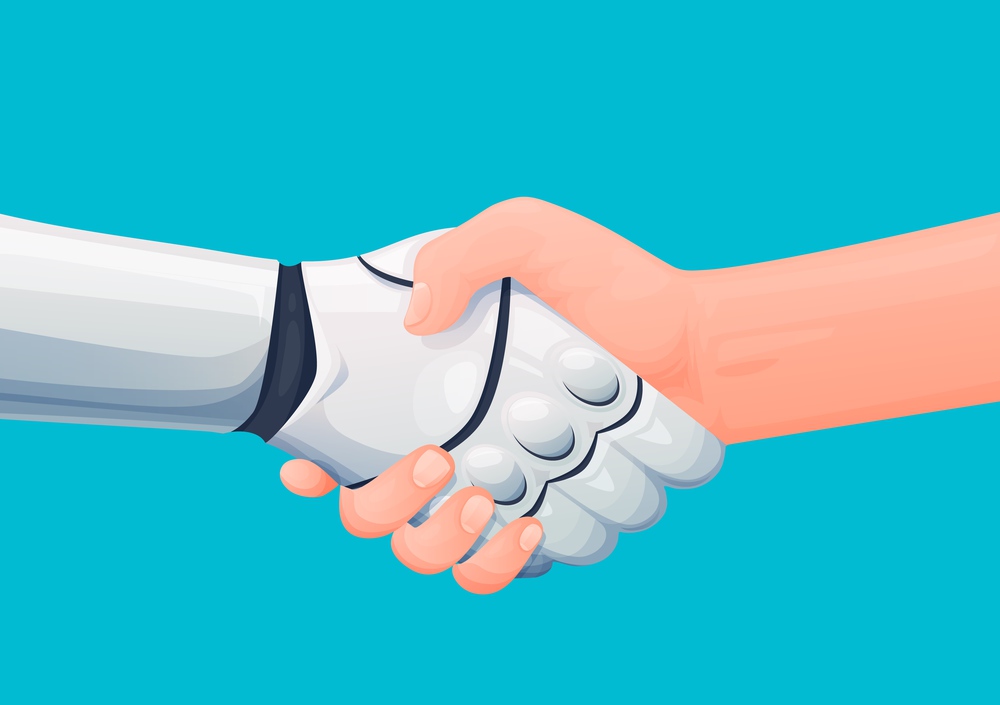 Cooperation with artificial intelligence. Human shaking hand with robot or android, man welcoming cyborg, future machine or robotic alien. Cartoon vector robot and man partnership handshake. Human and robot partnership handshake