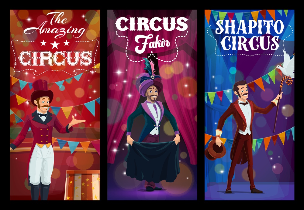 Shapito circus entertainer and magician characters. Vector banners with carnival performers in bright costumes on scene with backstage curtains. Cartoon artists perform magic show on big top arena.. Shapito circus entertainer and magician characters