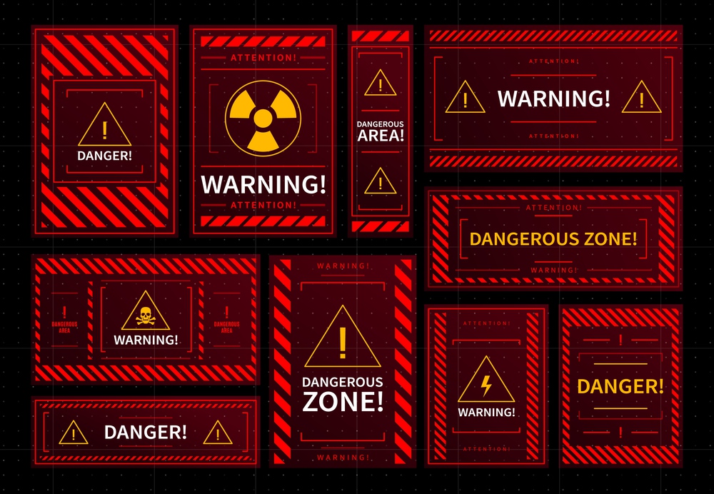 Danger and dangerous zone warning red frames. HUD interface elements, radioactive contamination, toxic pollution or electric shock danger alert windows, safety system attention alarm vector red panels. Danger zone warning frames, HUD interface alarms