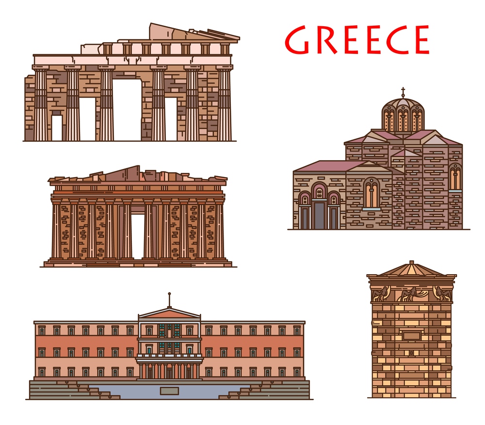 Greece architecture and Athens buildings, vector Greek travel landmarks. Greece antique Parthenon, parliament House of Athens, Saint Nicholas church, ancient winds tower and Propylaea gates monument. Greece travel and Athens architecture buildings