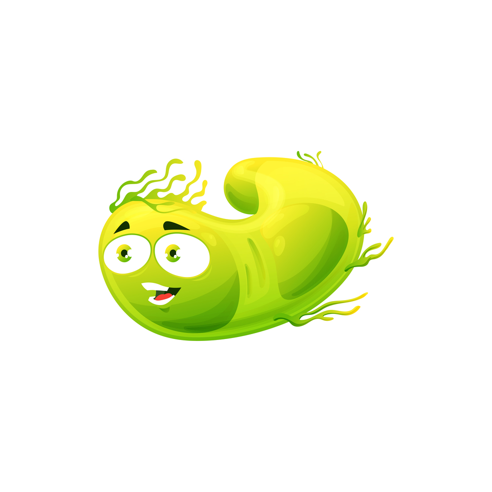 Cartoon virus cell vector icon, cute green bacteria, happy germ character with funny face. Smiling pathogen microbe emoticon, isolated moving micro organism symbol. Cartoon virus cell vector icon green bacteria germ