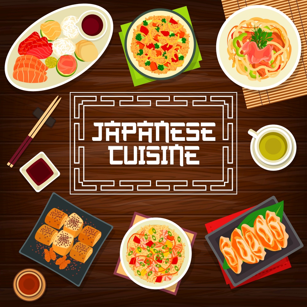 Japanese food, Asian cuisine dishes and lunch meals, vector restaurant dinner menu cover. Japanese cuisine traditional udon noodles, seafood rice, salmon and tuna sashimi with omelette rolls and eel. Japanese cuisine menu cover, lunch dishes poster