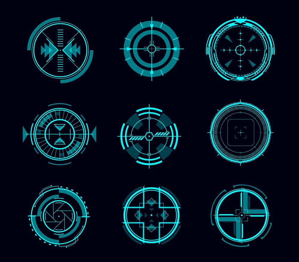 HUD aim control, futuristic target or navigation interface, vector game ui. Digital data screen, panel or dashboard of future technology head up display with blue hologram circles, arrows, crosshairs. HUD aim control, target and navigation interface