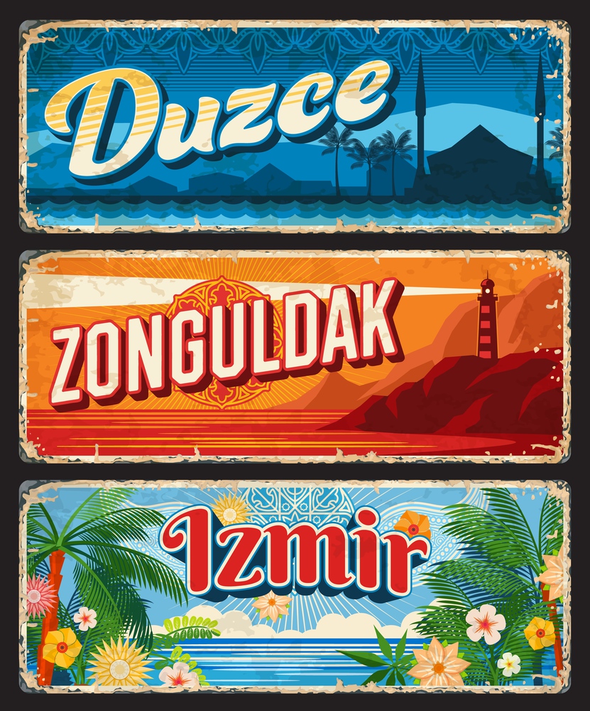 Duzce, Zonguldak and Izmir il, Turkey provinces vintage plates. Turkish republic travel grunge signs and stickers of mosque, lighthouse, Black Sea beach, palms, flowers and Islamic ornaments. Duzce, Zonguldak and Izmir il, Turkey provinces