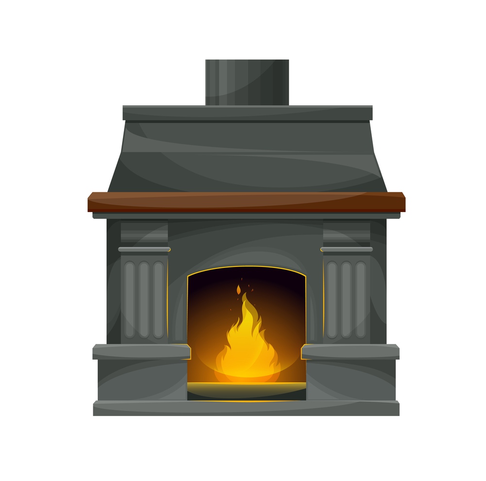 Modern interior fireplace with burning fire. Vector fire place, hearth or stove with gray stone walls, frame, hearth and chimney, decorative pillars and mantel with wood shelf, bright flame and sparks. Modern interior fireplace with burning fire