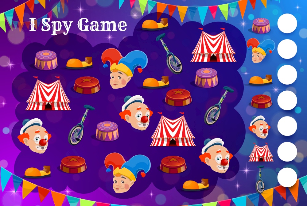 Kids spy game with shapito circus characters and items. Vector education puzzle, counting riddle or attention test template with cartoon circus top tents, chapiteau clowns, unicycle and pedestal. Kids spy game, shapito circus characters and items