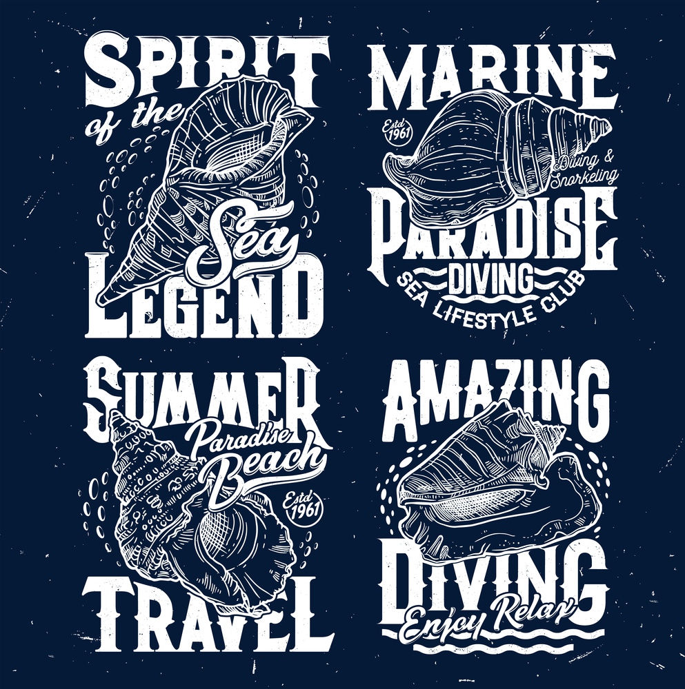 Tshirt prints with sketch sea shells for apparel design. Vector labels with conch and typography. Engraved grunge t shirt prints or emblem for marine diving club or nautical sport team isolated set. Tshirt prints with sea shells for apparel design.
