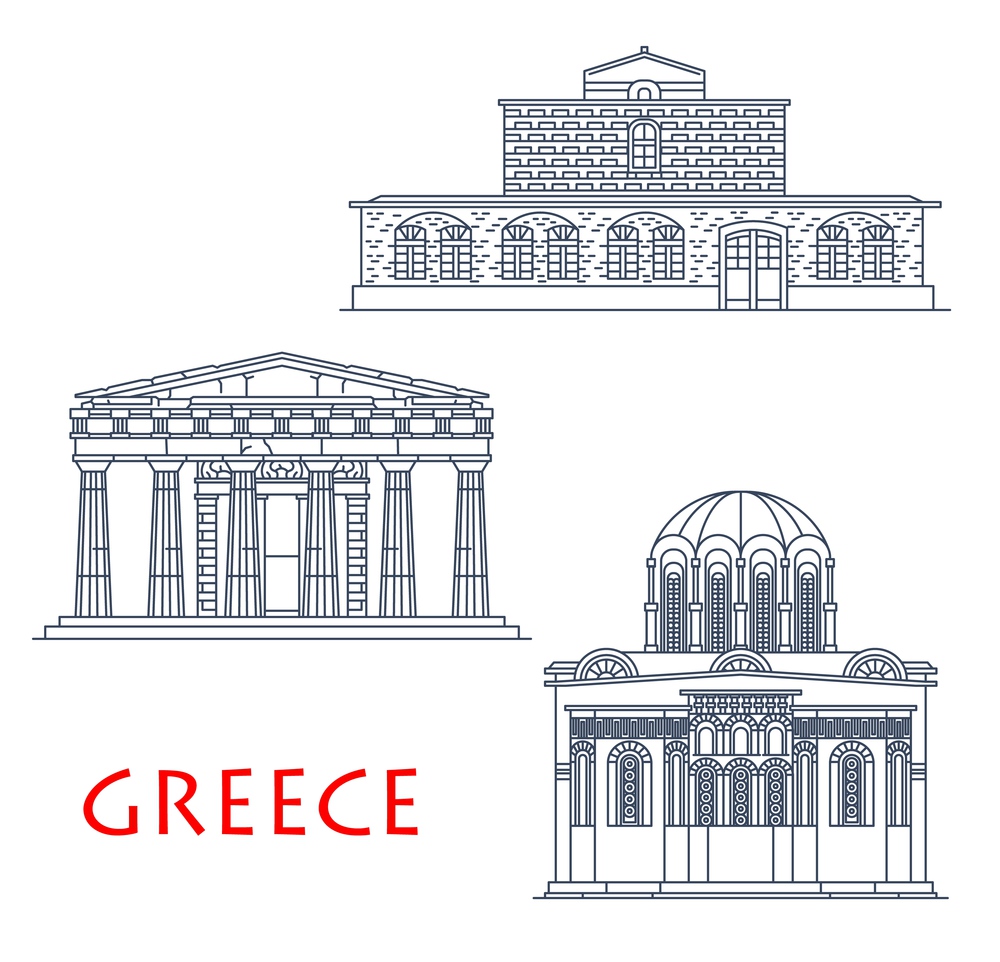 Greece architecture buildings, Greek antique travel landmarks, vector icons. Saint Stephen church in Thessaly, Theseion Temple of Hephaestus in Athens, Nea Moni monastery in Chios, Greece line icons. Greece buildings, antique Greek architecture icons