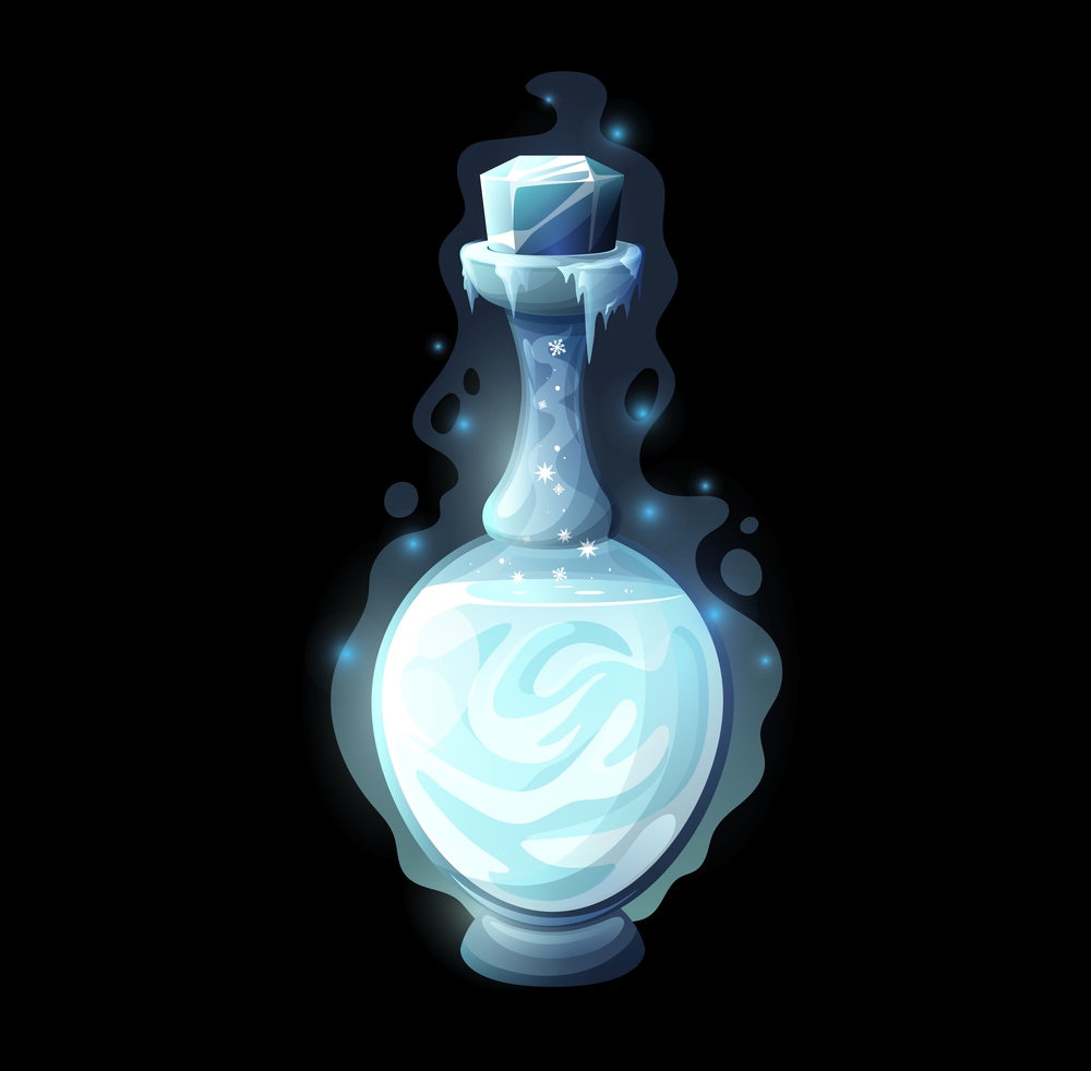 Potion bottle with ice, cartoon magic love elixir or poison vector game interface, ui or gui. Alchemist, witch or wizard potion in glass bottle, flask, jar or vial with frost, snowflakes and icicles. Potion bottle with ice, magic love elixir, poison