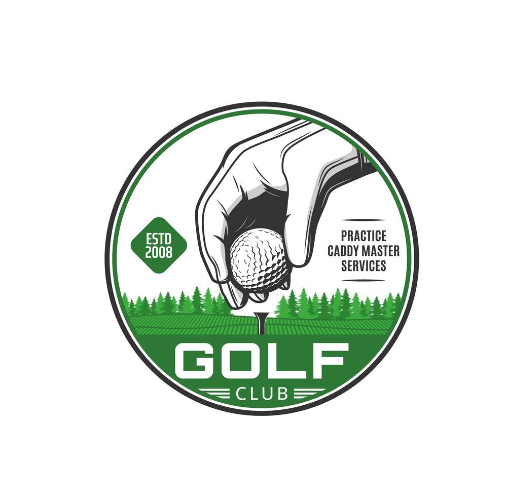 Golf sport icon. Golf club services, sport competition vintage emblem or vector badge with player hand in white gloves, putting ball on tee, playing course landscape. Golf training center retro icon. Golf sport club services vector icon or emblem