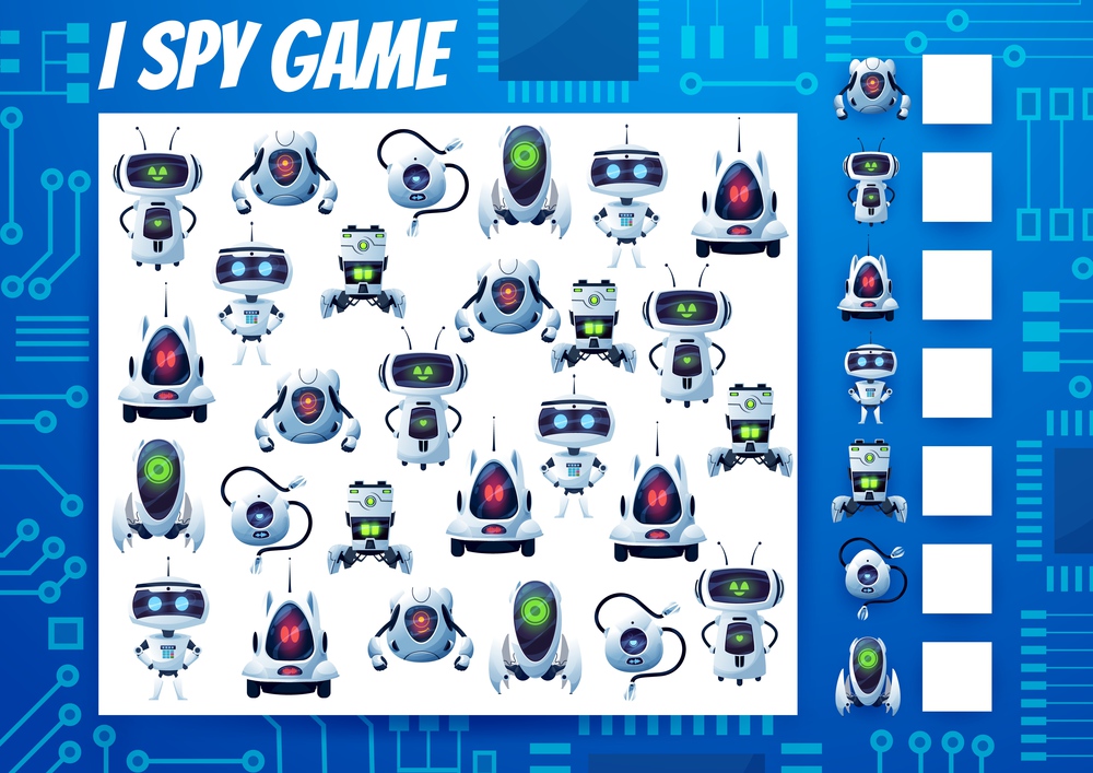 I spy kids game, cartoon robots and droids riddle. Vector task, education puzzle with ai cyborgs. How many androids and bots test. Development of numeracy skills and attention, math worksheet page. I spy kids game, cartoon robots and droids riddle