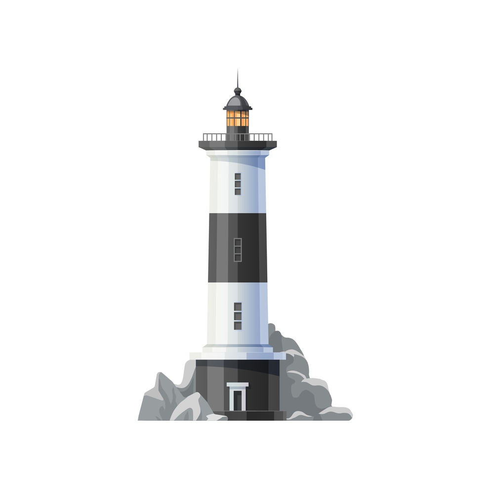 Sea lighthouse of ocean beach vector icon. Beacon tower building with nautical navigation searchlight lamp, white black stripes and marine coast rocks isolated symbol design. Sea lighthouse or ocean beacon icon