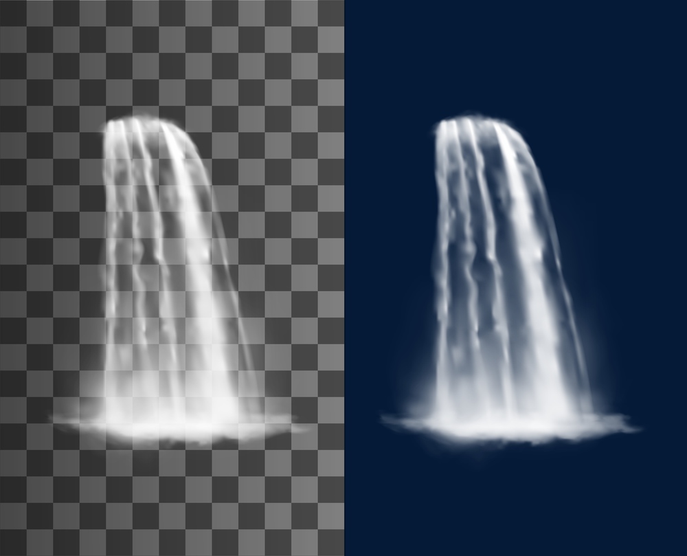 Waterfall cascade, realistic water flow. Transparent stream, fountain jet, river or garden 3d vector waterfall pure water falling from cliff with splash and fog or spray mist. Waterfall cascade, realistic vector water jet