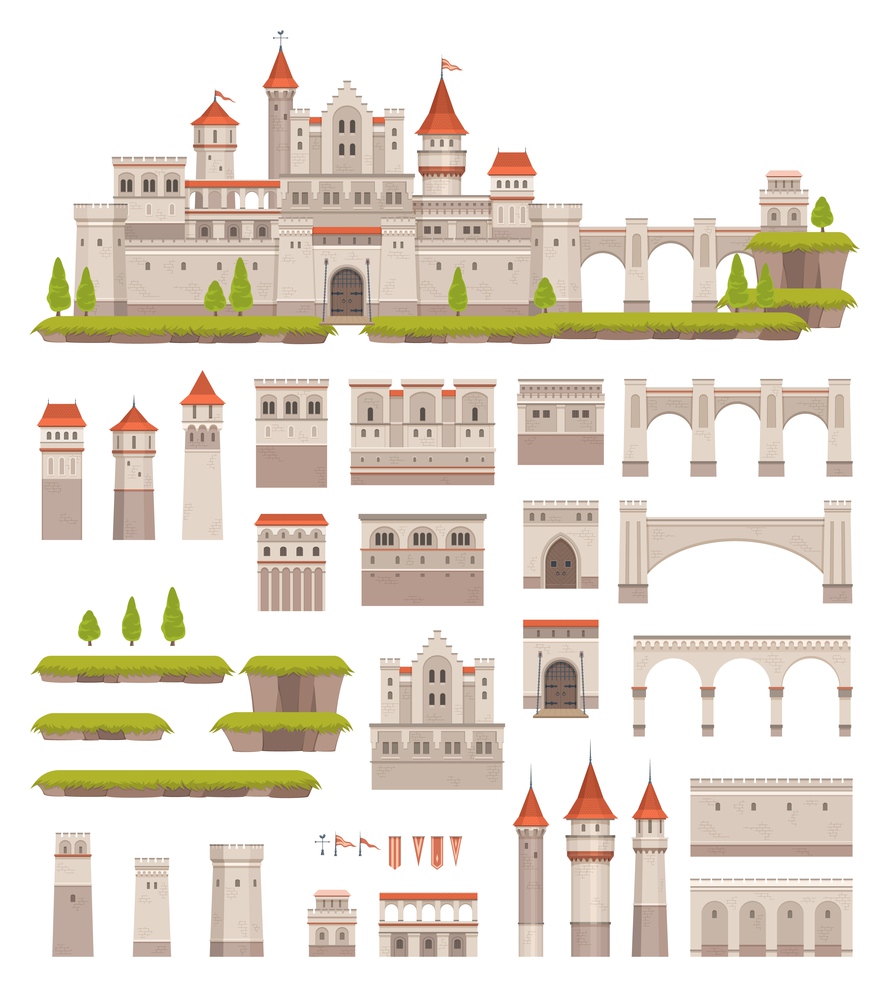 Medieval castle constructor, kids game. Cartoon vector palace architecture elements towers, gates, stronghold and flags, green plants and land. Fairytale or historical royal building isolated kit. Medieval castle constructor, kids game, palace kit