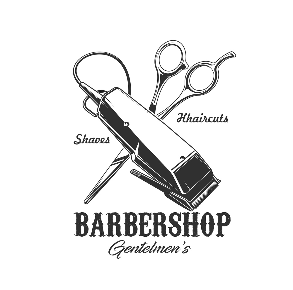Barbershop shaver and scissors vector icon of barber shop, hair cut and beard shave salon. Crossed tools of gentlemen hairdresser or barber, isolated badge of electric razor, trimmer and shears. Barbershop shaver and scissors icon, barber shop
