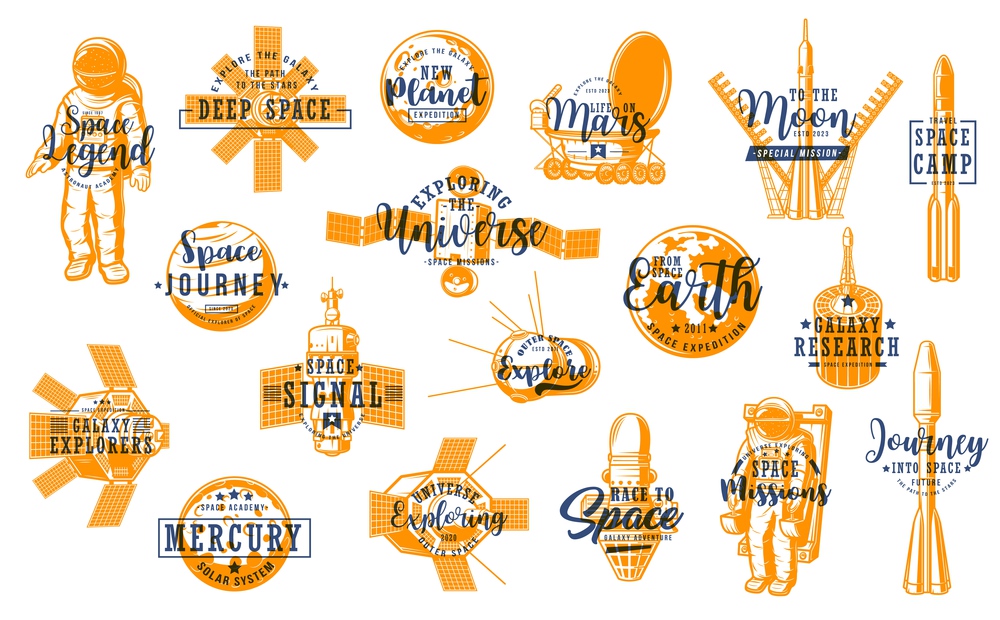 Space exploration, planet research technologies icons. Astronaut, artificial satellites and rover, rocketship, orbital station and planets vector lettering. Space mission, astronaut academy icons. Space and planets research technologies retro icon