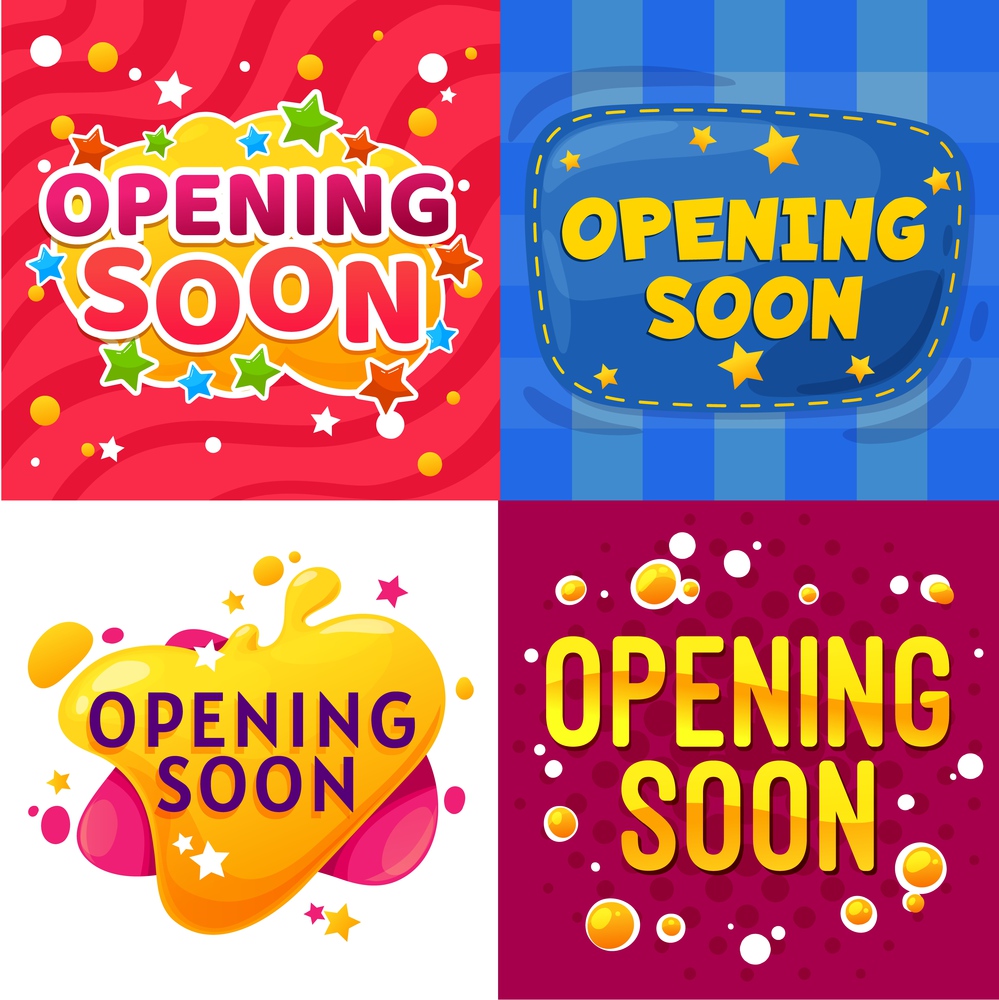 Opening soon cartoon banners. Kids store or shop grand opening announcement funny vector posters, event or website launch promotion comic stickers with stars, colorful bubbles and seam stitch. Opening soon promotion cartoon vector banners
