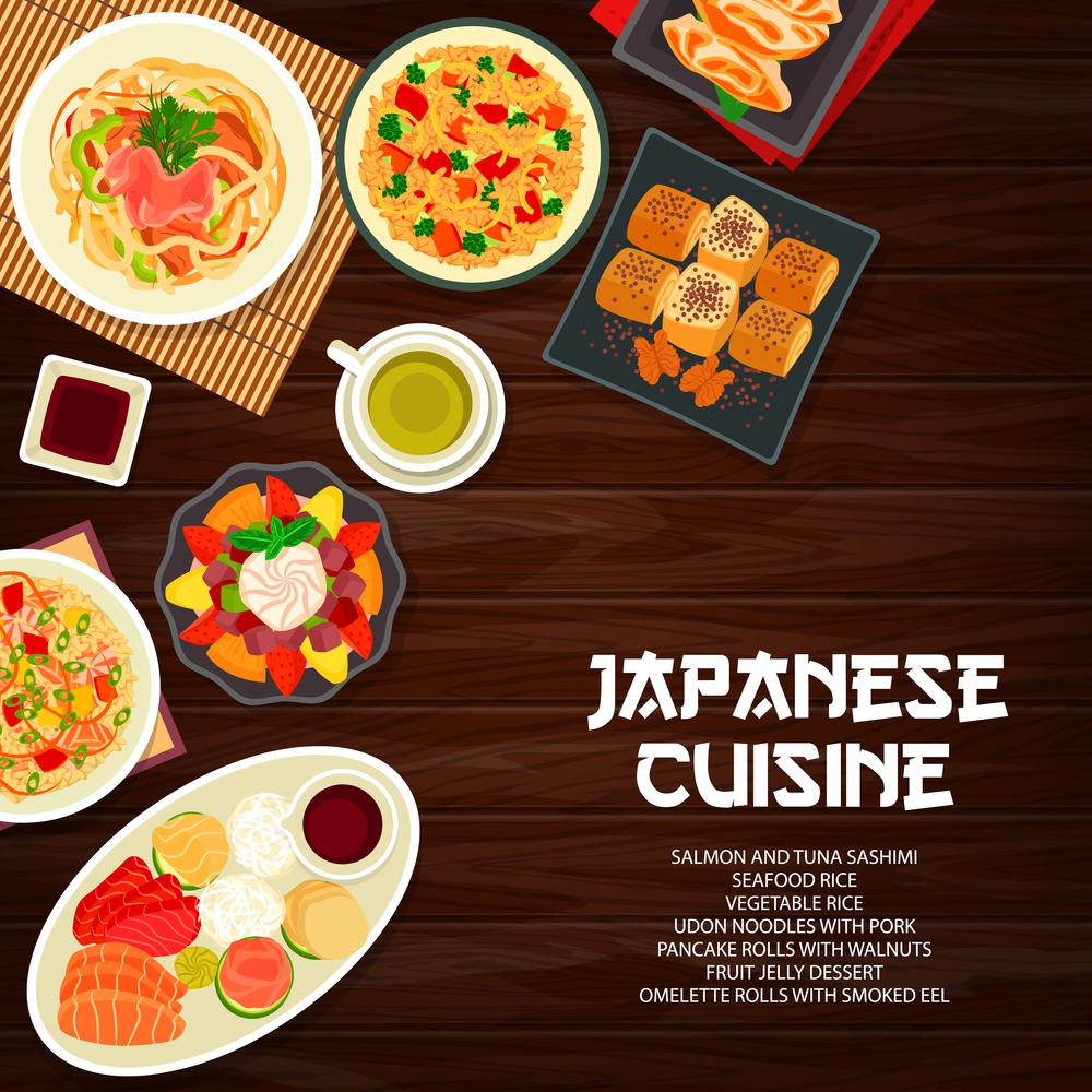 Japanese cuisine menu cover, Asian food dishes and meals, vector restaurant lunch poster. Japanese traditional dinner food bowls with udon noodles, seafood and vegetable rice, salmon and tuna sashimi. Japanese food and cuisine meals, dishes menu cover
