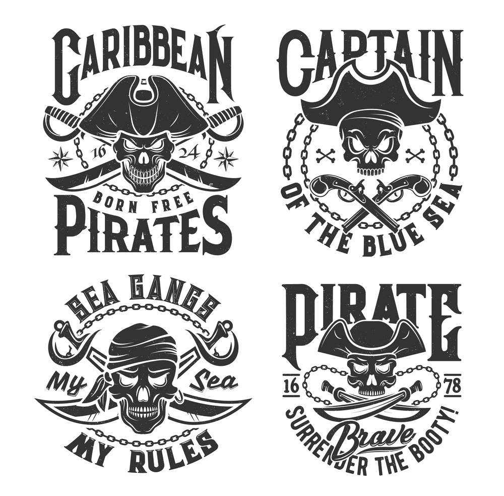 Tshirt prints with pirate skull in cocked hat and crossed sabers and guns. Vector mascot for apparel. T shirt print design with typography. Caribbean Jolly roger monochrome isolated emblems or labels. Tshirt prints with pirate skull mascot in tricorn