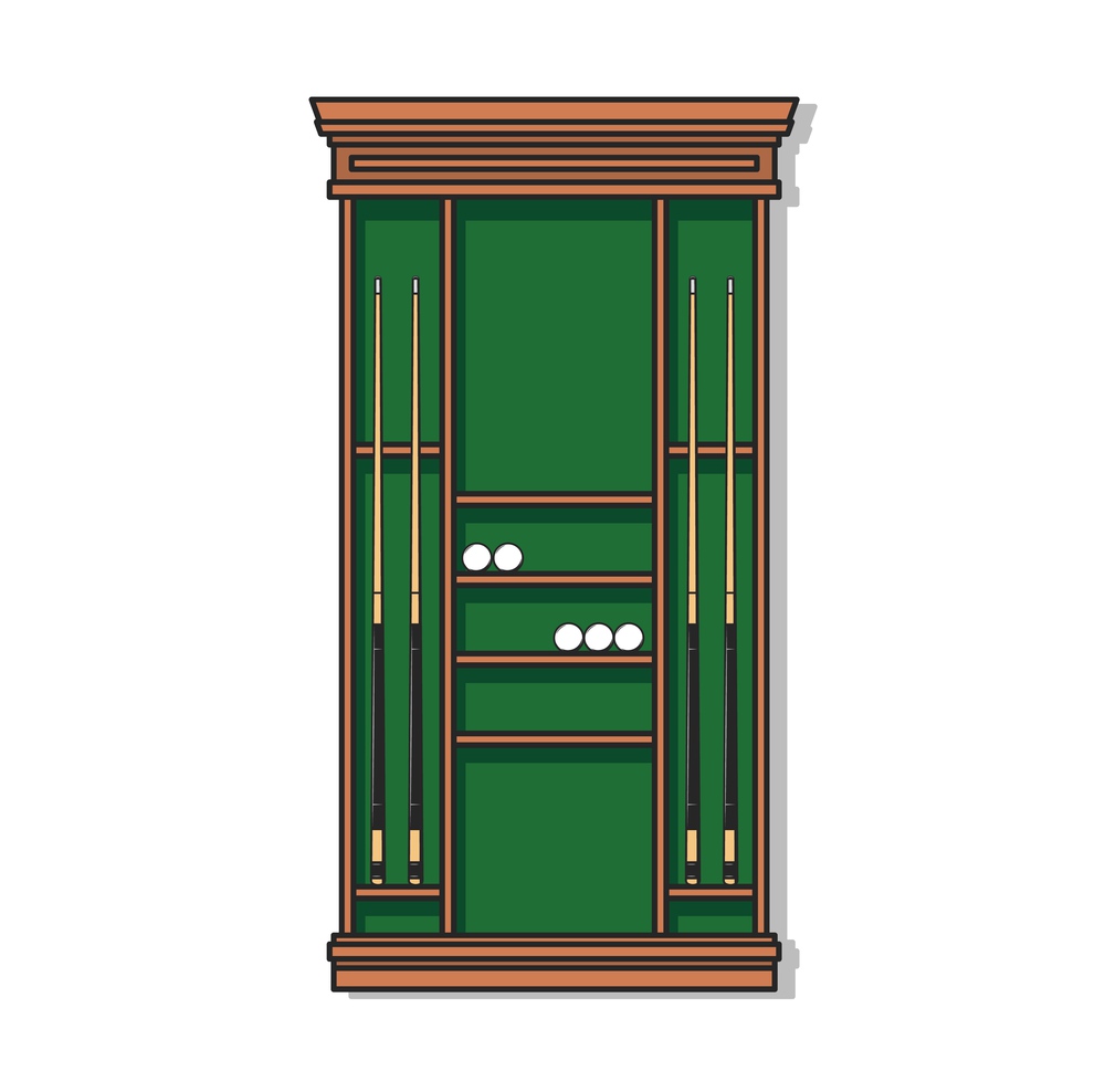Brown pool cue rack with vector billiards sport game balls and cues. Billiard sporting equipment of wood holders and shelves for snooker sticks and balls on background of green billiard cloth. Brown pool cue rack, billiard sport balls and cues