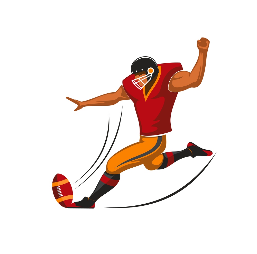 Kicker player of american football team, vector sport game design. Placekicker cartoon character in team uniform with ball, helmet and jersey, pants, shoulder and thigh pads making field goal. Kicker player of american football sport team