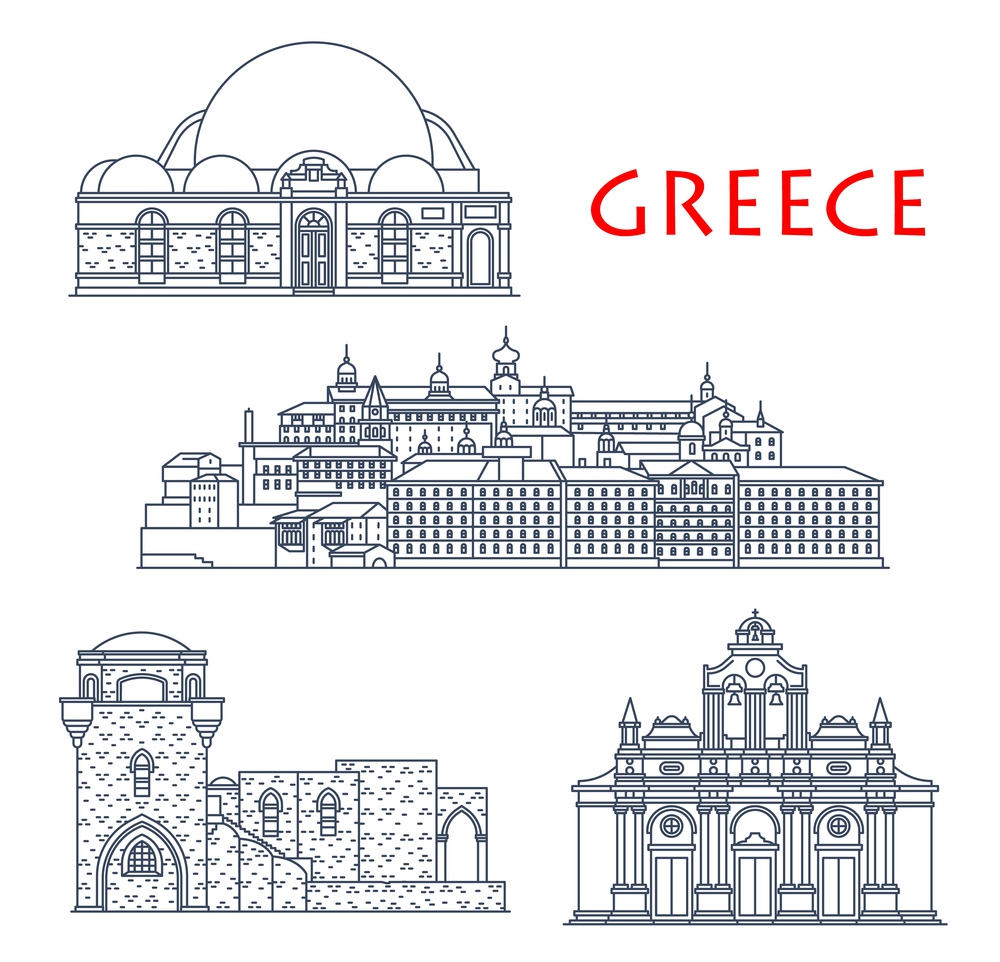 Greece architecture, antique Greek buildings and travel landmarks, vector icons. Greece building of Filerimos and Arkadi Monastery in Rhodes and Crete, Hassan Pascha Mosque and St Panteleimon Rossikon. Greece buildings, Greek church, monastery, mosque