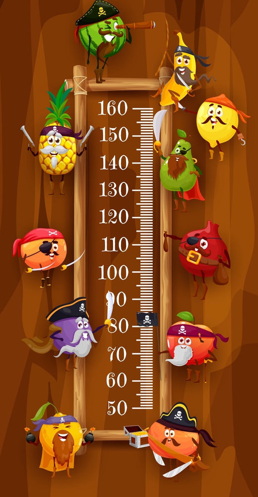 Kids height chart, pirates and corsair fruits, vector cartoon growth meter. Kids height chart or measure scale, funny fruit pirates orange and apple with saber, pear and pineapple, banana and plum. Kids height chart with pirates and corsair fruits