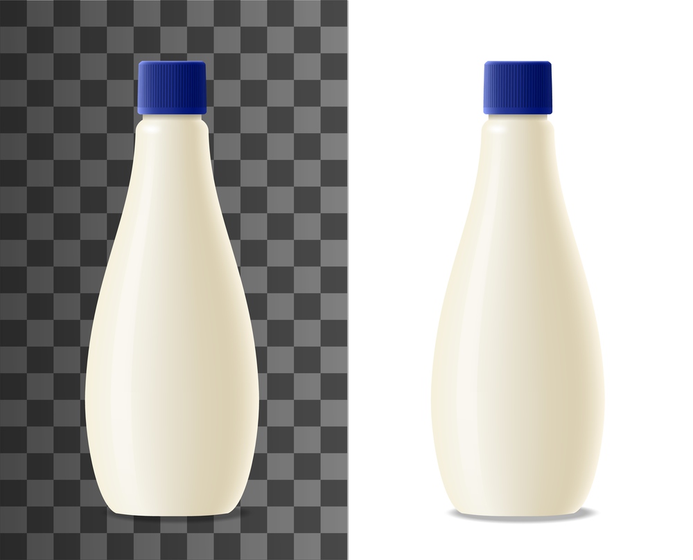 Mayonnaise plastic bottle realistic packaging mock up. Milk, yogurt or cream dairy products blank pack, 3d vector white container with blue lid. Mayo sauce bottle design mockup. Mayonnaise plastic bottle realistic packaging